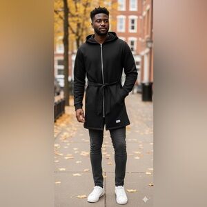 Profound Aesthetic Black Snap Zip Belted Trench Hoodie‎ Jacket Men’s Size XL